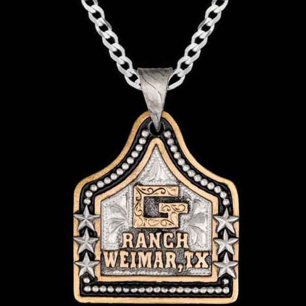 Meet  the Speckles Cow Tag Necklace, an stunning piece framed by a delightful bead edge and stars, adorned with your Jeweler's Bronze Ranch Logo and lettering. Pair it with a special discount sterling silver chain! 